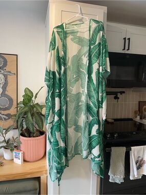 Green Palm Leaf Sheer Kimono Cover-Up